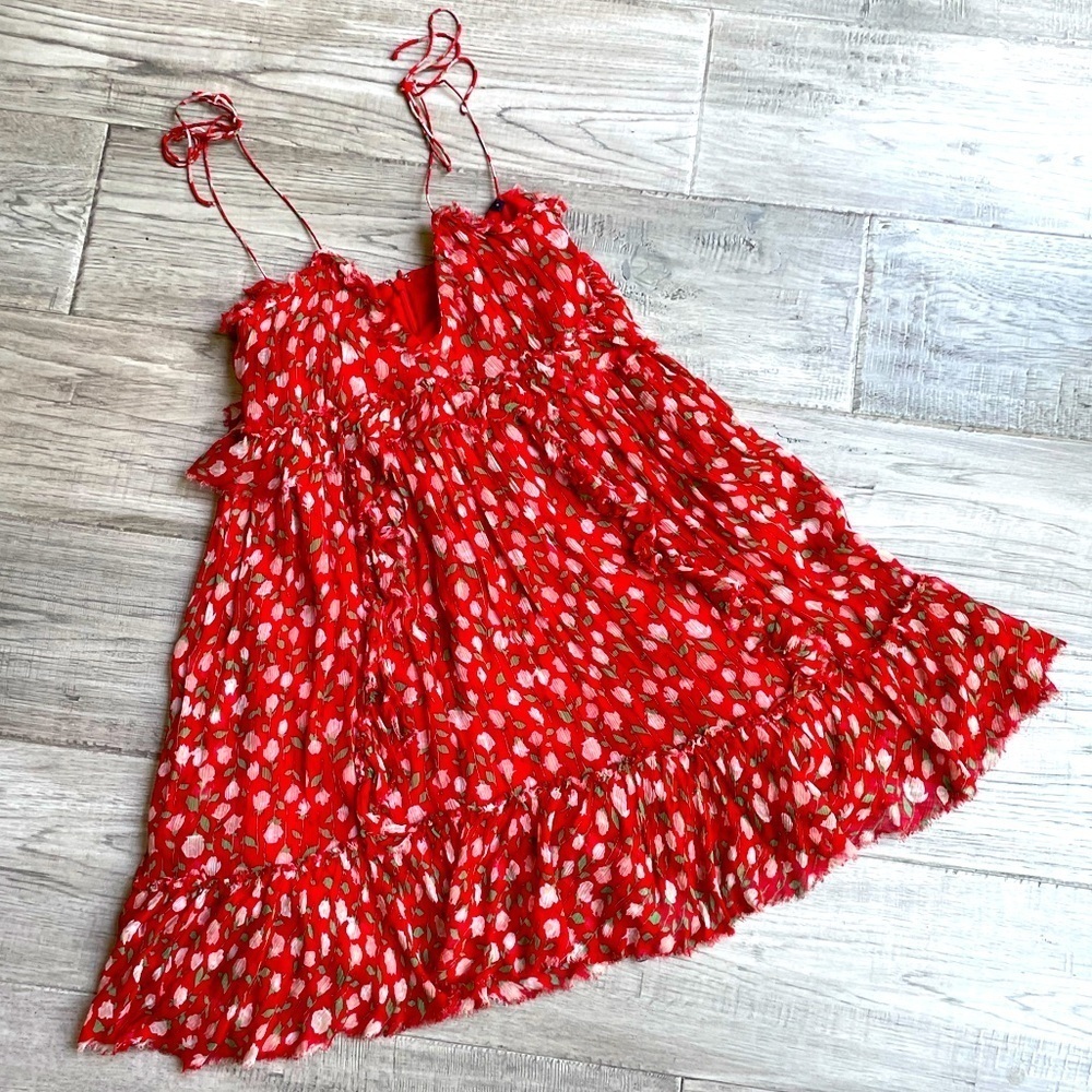 The Kopples Spaghetti Strap Mini Dress V Neck Raw Hem Ruffle Floral Red/Pnk SZ 0